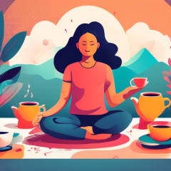 Create an image of a person practicing mindfulness in various daily activities, such as drinking tea, going for a walk, meditating, journaling, and doing yoga. The person should look calm and peaceful in each scenario, embodying the essence of mindfulness in their routine.