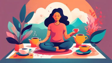 Create an image of a person practicing mindfulness in various daily activities, such as drinking tea, going for a walk, meditating, journaling, and doing yoga. The person should look calm and peaceful in each scenario, embodying the essence of mindfulness in their routine.