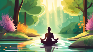 Create a serene illustration of a person practicing mindfulness exercises, surrounded by calming nature elements such as a gentle river, lush green trees, and soft, colorful flowers. The individual should be seated in a meditative pose on a yoga mat, showing a sense of calm and tranquility. Light rays from a setting sun filter through the trees, casting a warm and soothing glow over the entire scene, emphasizing relaxation and reduced anxiety.