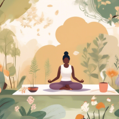 Create an image of a serene daily life scene featuring diverse individuals practicing various stress management strategies. Depict someone meditating in a peaceful home environment, another person taking a leisurely walk in a lush park with blooming flowers, a group practicing yoga outside, and someone journaling with a cup of tea by their side. Include a background with natural elements like trees, a gentle stream, and sunlight filtering through clouds to emphasize a relaxing atmosphere.