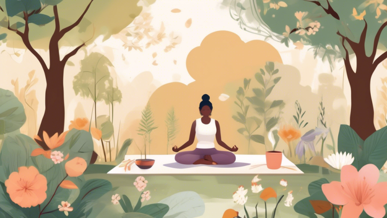 Create an image of a serene daily life scene featuring diverse individuals practicing various stress management strategies. Depict someone meditating in a peaceful home environment, another person taking a leisurely walk in a lush park with blooming flowers, a group practicing yoga outside, and someone journaling with a cup of tea by their side. Include a background with natural elements like trees, a gentle stream, and sunlight filtering through clouds to emphasize a relaxing atmosphere.