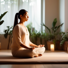 Create an image of a serene, minimalistic meditation space with a soft, warm light. A person is sitting cross-legged on a cushion, their eyes gently closed, representing a beginner in mindfulness meditation. The background includes calming elements like indoor plants, a small water fountain, and a subtle incense smoke trail rising. The overall atmosphere should be peaceful and inviting, encapsulating the essence of a simple guide to starting mindfulness meditation.