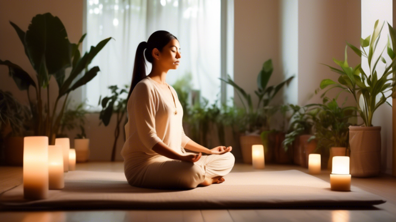 Create an image of a serene, minimalistic meditation space with a soft, warm light. A person is sitting cross-legged on a cushion, their eyes gently closed, representing a beginner in mindfulness meditation. The background includes calming elements like indoor plants, a small water fountain, and a subtle incense smoke trail rising. The overall atmosphere should be peaceful and inviting, encapsulating the essence of a simple guide to starting mindfulness meditation.