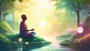 A serene scene of a person meditating in nature, surrounded by lush greenery and gentle sunlight, with subtle ethereal elements like softly glowing orbs to represent mindfulness and inner peace.
