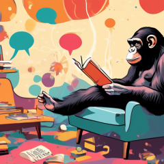 Create an illustration depicting a person reading 'The Chimp Paradox' book, with a playful yet insightful chimp sitting next to them. The scene should represent the inner workings of the mind, featuring thought bubbles and colorful, abstract representations of emotions and rational thinking. The setting should be a cozy, modern living room, evoking a sense of comfort and personal growth.