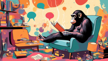 Create an illustration depicting a person reading 'The Chimp Paradox' book, with a playful yet insightful chimp sitting next to them. The scene should represent the inner workings of the mind, featuring thought bubbles and colorful, abstract representations of emotions and rational thinking. The setting should be a cozy, modern living room, evoking a sense of comfort and personal growth.