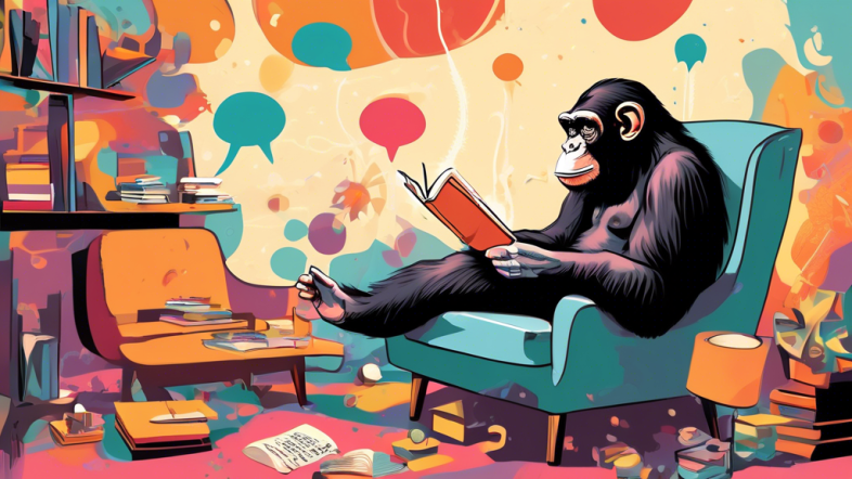 Create an illustration depicting a person reading 'The Chimp Paradox' book, with a playful yet insightful chimp sitting next to them. The scene should represent the inner workings of the mind, featuring thought bubbles and colorful, abstract representations of emotions and rational thinking. The setting should be a cozy, modern living room, evoking a sense of comfort and personal growth.