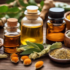 Create a detailed image showcasing a variety of natural supplements known for reducing cortisol levels and managing stress. Include items like ashwagandha, omega-3 fish oil, Rhodiola rosea, magnesium, and L-theanine. Arrange them on a rustic wooden background with calming elements such as a lit candle, a cup of herbal tea, and a few sprigs of lavender, conveying a sense of relaxation and well-being.