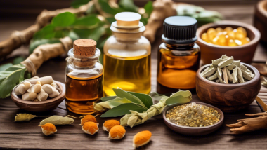 Create a detailed image showcasing a variety of natural supplements known for reducing cortisol levels and managing stress. Include items like ashwagandha, omega-3 fish oil, Rhodiola rosea, magnesium, and L-theanine. Arrange them on a rustic wooden background with calming elements such as a lit candle, a cup of herbal tea, and a few sprigs of lavender, conveying a sense of relaxation and well-being.