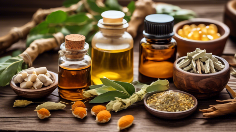 Create a detailed image showcasing a variety of natural supplements known for reducing cortisol levels and managing stress. Include items like ashwagandha, omega-3 fish oil, Rhodiola rosea, magnesium, and L-theanine. Arrange them on a rustic wooden background with calming elements such as a lit candle, a cup of herbal tea, and a few sprigs of lavender, conveying a sense of relaxation and well-being.