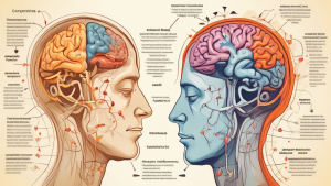 Create an image illustrating high cortisol levels and their effects on the human body. Show a stressed-out person with visible symptoms like fatigue, weight gain, and high blood pressure. Include elements like an overactive brain, adrenal glands producing cortisol, and a chaotic environment to depict stress. Add a contrasting side with solutions such as meditation, exercise, healthy food, and a peaceful setting to represent methods for reducing cortisol levels.