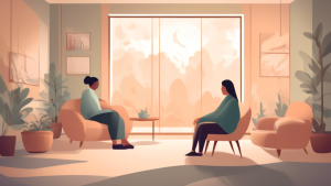 Create an image that depicts a serene and calming environment where a person is sitting comfortably with a therapist in a peaceful room. In the background, subtle illustrations of common PTSD symptoms like flashbacks, anxiety, and insomnia are gently integrated into the room's decor, symbolizing the discussion of these topics. The overall tone of the image should be soothing and empathetic, conveying support and understanding.