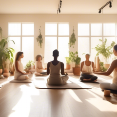 A serene, sunlit room where a diverse group of people are practicing mindfulness exercises together. Some are meditating on cushions, while others are doing gentle yoga poses or journaling. Soft light filters through large windows, illuminating a calming, minimalist space with natural elements like potted plants and wooden accents. The overall atmosphere is peaceful and zen, conveying daily tranquility through mindfulness.