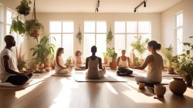 A serene, sunlit room where a diverse group of people are practicing mindfulness exercises together. Some are meditating on cushions, while others are doing gentle yoga poses or journaling. Soft light filters through large windows, illuminating a calming, minimalist space with natural elements like potted plants and wooden accents. The overall atmosphere is peaceful and zen, conveying daily tranquility through mindfulness.