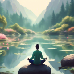 Create an image that depicts a serene, dreamlike landscape where a person is practicing mindfulness meditation. The scene should include elements like a tranquil forest with soft sunlight filtering through tall trees, a calm river winding through, vibrant flowers, and distant mountains. The person meditating should appear calm and relaxed, seated in a lotus position on a cushion or natural rock, surrounded by gentle, glowing orbs representing inner peace and mindfulness. The overall atmosphere should evoke a sense of tranquility, balance, and connection with nature.