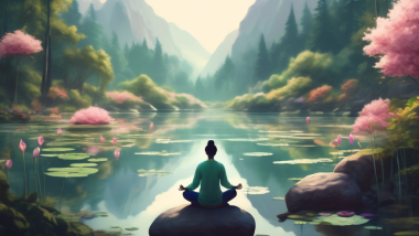 Create an image that depicts a serene, dreamlike landscape where a person is practicing mindfulness meditation. The scene should include elements like a tranquil forest with soft sunlight filtering through tall trees, a calm river winding through, vibrant flowers, and distant mountains. The person meditating should appear calm and relaxed, seated in a lotus position on a cushion or natural rock, surrounded by gentle, glowing orbs representing inner peace and mindfulness. The overall atmosphere should evoke a sense of tranquility, balance, and connection with nature.