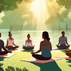 Create an image of a diverse group of people engaged in a serene, outdoor mindfulness meditation session in a lush, green park. Each person is seated comfortably on yoga mats or cushions, eyes closed, and deeply focused. In the background, depict soft sunlight filtering through tall trees, casting gentle shadows. Include subtle elements like a calm river or blooming flowers to enhance the tranquility and emphasize the stress-relieving aspects of the practice.