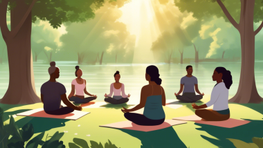 Create an image of a diverse group of people engaged in a serene, outdoor mindfulness meditation session in a lush, green park. Each person is seated comfortably on yoga mats or cushions, eyes closed, and deeply focused. In the background, depict soft sunlight filtering through tall trees, casting gentle shadows. Include subtle elements like a calm river or blooming flowers to enhance the tranquility and emphasize the stress-relieving aspects of the practice.