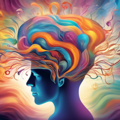 Create an image depicting an abstract representation of the human mind, with ethereal, swirling colors emanating from a person’s head. Show a blend of realistic and surreal elements such as floating books, a key unlocking a glowing brain, and soft, dream-like textures to illustrate the concept of tapping into the subconscious mind's potential.